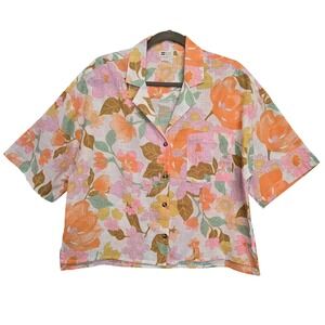 Billabong Floral Button Down Linen Top Womens S Cropped Orange Pink Short Sleeve